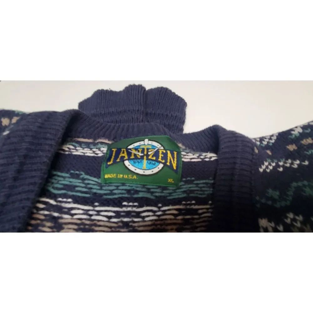 Vintage Jantzen XL V-neck Grandpa Sweater Blue‎ Green Geometric Print Y2k